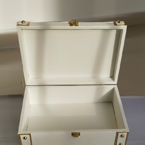 Open Rectangular white box with gold corners and gold lock