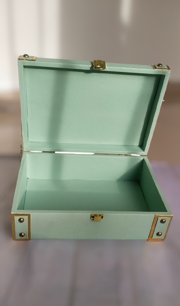 Open Teal box with gold corners and gold lock