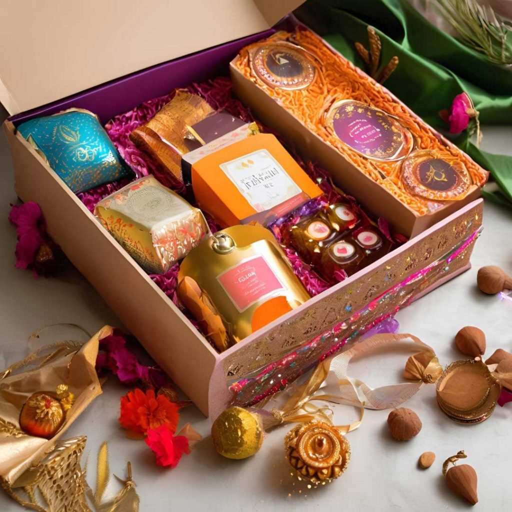 Open gift box with Indian decorations and assorted sweets and savouries