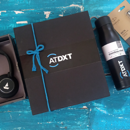 ATDXT branded Headphones, bottles and pens