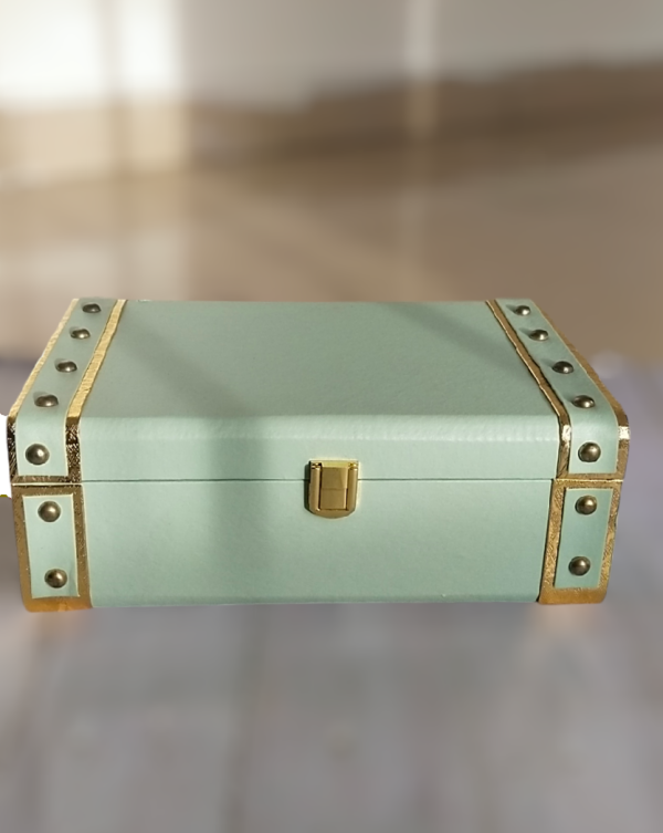 Teal box with gold corners and gold lock