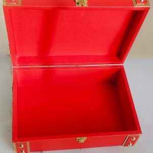 Open Rectangular Red box with gold corners and gold lock