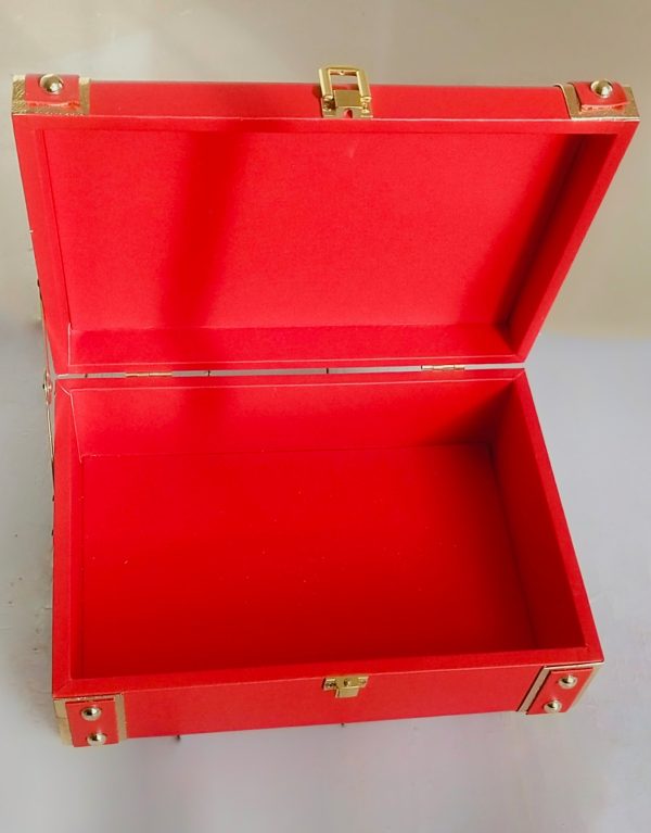 Open Rectangular Red box with gold corners and gold lock