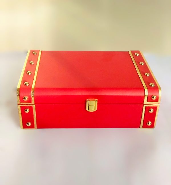 Rectangular Red box with gold corners and gold lock