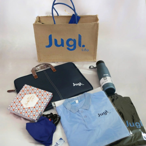 Corporate gift package, with Tote, bottle, Tshirts and masks with Jugl. Logo